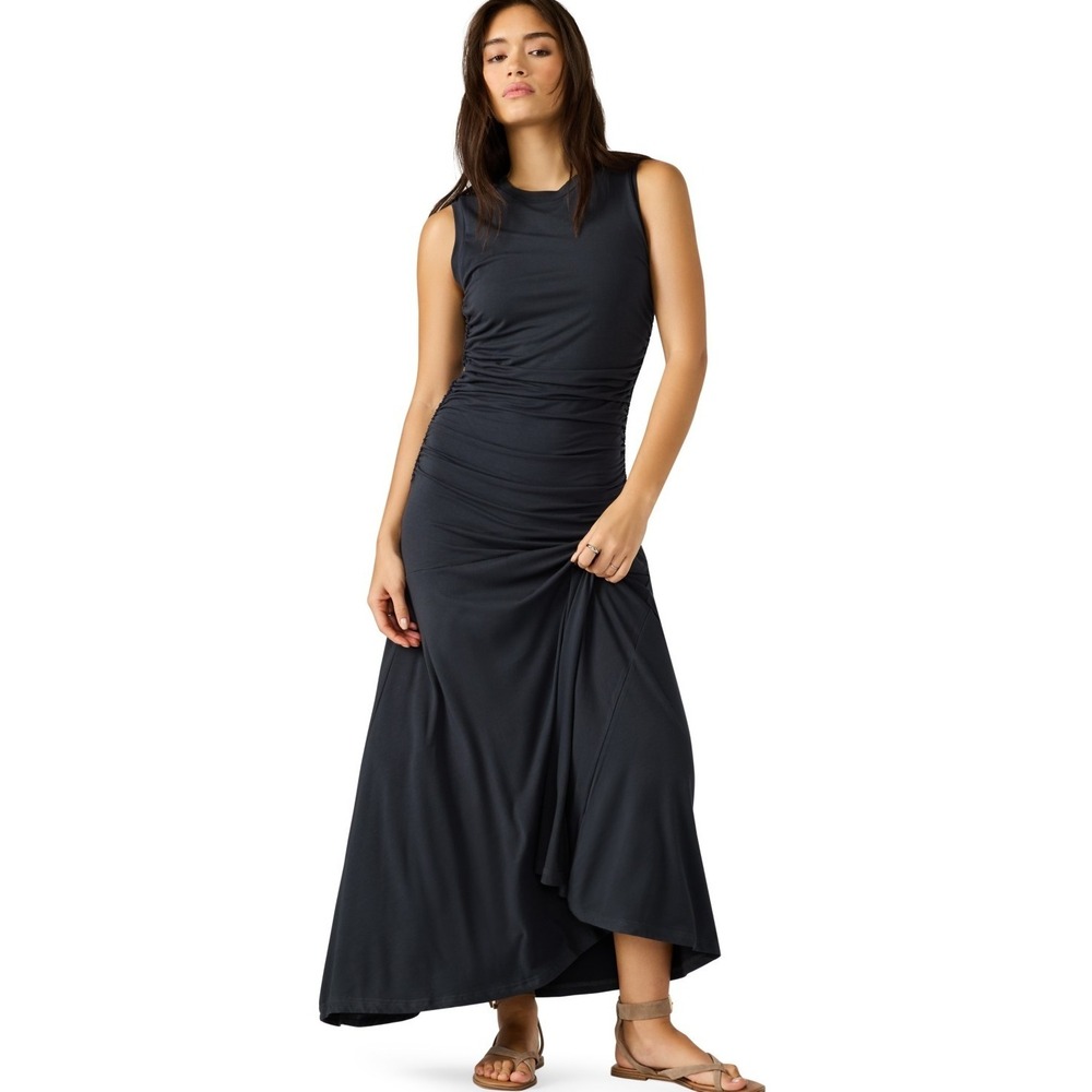 Steve Madden Womens Jace Maxi Dress Large Faded Black Ruched Sleeveless Pullover